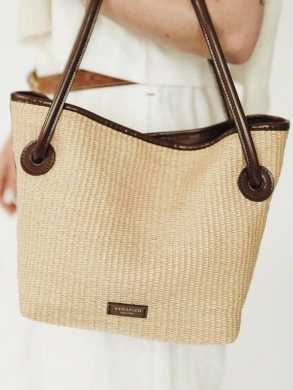 Verafied Raffia Bucket Bag and Pouch  New York Leather-Trim Purse Vera Wang